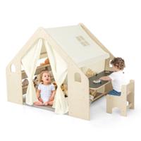 Houten Binnenspeeltent voor Kinderen 6 in 1 Schoolbord Tafel Stoel 6 Opbergbakken Vloerkussen Speelhuis met Houten Frame en Gordijnen
