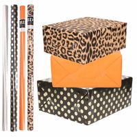 8x Rollen transparante folie/inpakpapier pakket - panterprint/oranje/zwart met stippen 200 x 70 cm - Cadeaupapier