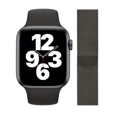 Apple Watch SE 44mm Space Gray Aluminium Zwarte Sportband + Polsband Milanees Grafiet Apple Watch SE 44mm Space Gray Aluminium Zwarte Sportband + Polsband Milanees Grafiet