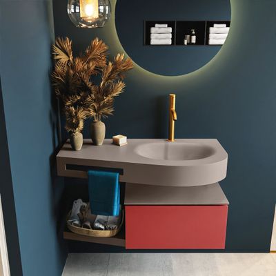 MONDIAZ RIVA 100cm badmeubel onderkast / planchet kleur Fire met 1 lade. Wastafel DULCET rechts 1 kraangat kleur Smoke.