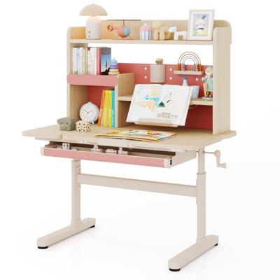 Kindertafel met Rek en Lade in Hoogte Verstelbaar Bureau voor Leerlingen met Kantelbare Tafelblad in Roze