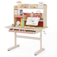 Kindertafel met Rek en Lade in Hoogte Verstelbaar Bureau voor Leerlingen met Kantelbare Tafelblad in Roze Kindertafel met Rek en Lade in Hoogte Verstelbaar Bureau voor Leerlingen met Kantelbare Tafelblad in Roze