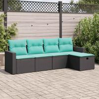 5-delige Loungeset met kussens poly rattan zwart