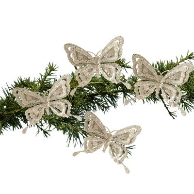 Kerstboomversiering Vlinder - 4x - 14 cm - champagne glitter - op clip - ornament
