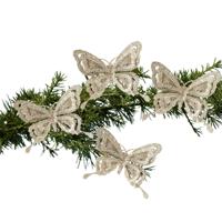 Kerstboomversiering Vlinder - 4x - 14 cm - champagne glitter - op clip - ornament