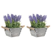 Items Lavendel bloemen kunstplant in bloempot - 2x - paarse bloemen - 15 x 20 cm - bloemstukje - Kunstplanten