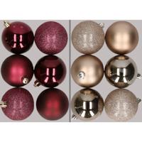 12x stuks kunststof kerstballen mix van aubergine en champagne 8 cm - Kerstbal - thumbnail