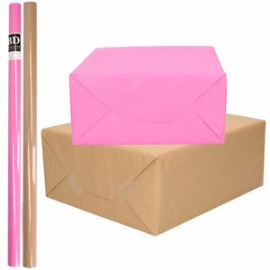 4x Rollen kraft inpakpapier/kaftpapier pakket bruin/roze 200 x 70 cm