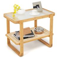2-Niveau Bamboe Bijzettafel Glazen Blad PE Rotan Plank Bank Bijzettafel Nachtkastje Compacte Salontafel voor Slaapkamer Woonkamer