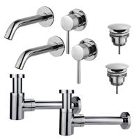 Fortifura Calvi Slim Wastafelkraanset - voor dubbele wastafel - inbouw wastafelkraan - always open plug - verlaagde design sifon - Chroom 2x SW377814/2x SW696209/2x SW696219