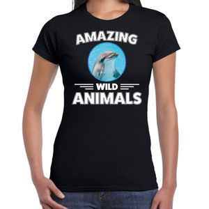 T-shirt dolfijnen amazing wild animals / dieren zwart voor dames