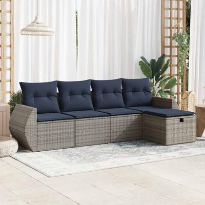 5-delige Loungeset met kussens poly rattan grijs