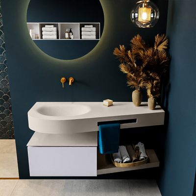 MONDIAZ RIVA 120cm badmeubel onderkast / planchet kleur Cale met 1 lade. Wastafel DULCET links 0 kraangaten kleur Linen.