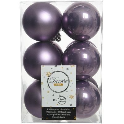 12x stuks kunststof kerstballen heide lila paars 6 cm glans/mat