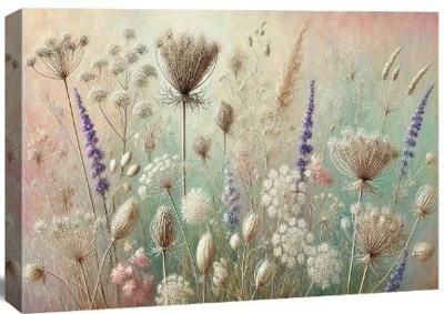 Schilderij - Wilde Bloemen ,kruid weide in pastel tinten, 80X60cm, 1luik