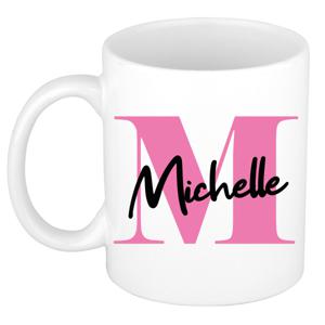 Naam mok Michelle - roze - wit - keramiek - 300 ml - verjaardag/cadeau beker