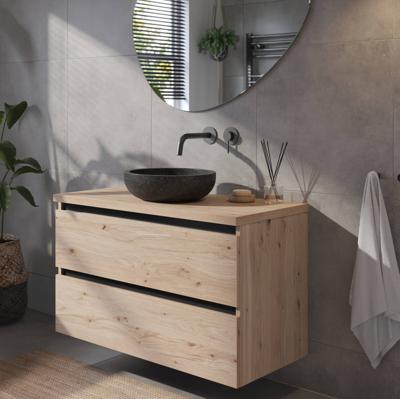 Saqu Gaia voorgemonteerd badmeubel met zwarte greeplijst incl. natuurstenen waskom 100cm naturel eiken
