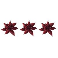 3x stuks decoratie bloemen kerstster rood glitter op clip 15 cm - Kunstbloemen