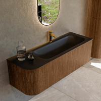Mondiaz KURVE 135 cm Onderkast Greeploos 1 Lade Met Deuren Walnut, Wastafel Solid Surface Rechts Urban 1 Kraangat Zonder Spiegel (KRVBGM135L1L1D1KR-Wal/Urb)