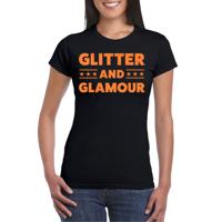 Bellatio Decorations Verkleed shirt dames - glitter and glamour - zwart - oranje glitter - carnaval 2XL  -