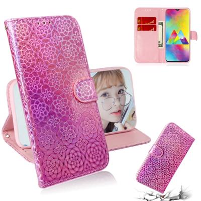 Voor Galaxy M20 effen kleur kleurrijke magnetische Buckle horizontale Flip PU lederen draagtas met houder & kaartsleuven & portemonnee & Lanyard (roze