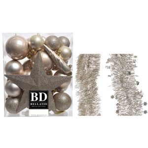 Kerstversiering kerstballen 5-6-8 cm met ster piek en folieslingers pakket champagne van 35x stuks