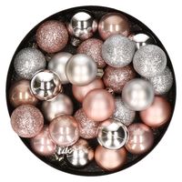 28x stuks kunststof kerstballen lichtroze en zilver mix 3 cm