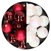 24x stuks kunststof kerstballen mix van donkerrood en parelmoer wit 6 cm - thumbnail