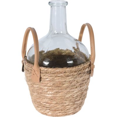 Flesvaas - glas - transparant - met gevlochten rieten mand - 20 x 31 cm