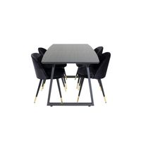IncaBLBL eethoek eetkamertafel uitschuifbare tafel lengte cm 160 / 200 zwart en 4 Velvet eetkamerstal velours zwart, - thumbnail
