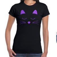 Cadeau T-shirt dames - zwart - glitter paars - kat / poes liefhebber - themafeest