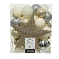 Decoris kerstballen - 33x st incl. ster piek - champagne/zilver/wit - kunststof - Kerstbal - thumbnail