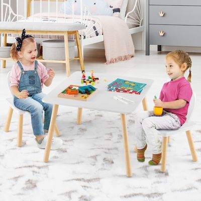 Kindertafel met 2 Stoelen 3-Delig Kinderzitgroep met Massief Houten Poten & Konijnenoren Rugleuning Vierkante Speeltafel Wit