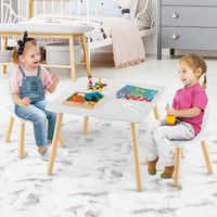 Kindertafel met 2 Stoelen 3-Delig Kinderzitgroep met Massief Houten Poten & Konijnenoren Rugleuning Vierkante Speeltafel Wit