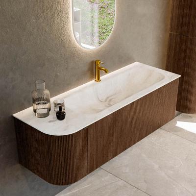 Badmeubel Mondiaz Kurve-Dlux | 135 cm | Meubelkleur Walnut | Wastafelkleur Frappe | Solid surface | Rechts spoelbak | 1 kraangat