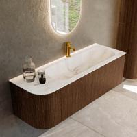 Badmeubel Mondiaz Kurve-Dlux | 135 cm | Meubelkleur Walnut | Wastafelkleur Frappe | Solid surface | Rechts spoelbak | 1 kraangat