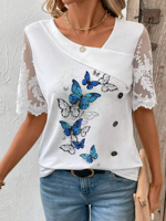 Women's Short Sleeve Shirt Summer White Butterfly Lace Daily Casual Top