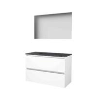 Basic-Line Ultimate 46 Badkamermeubelset - 100 x 46 cm - Greeploos - 2 Lades - Hardstenen Wastafel - 1 Kraangat - Spiegel met Indirecte LED Verlichting - Ice White