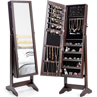 Sieradenkast met Totale Lichaams Spiegel Vrijstaande Sieradenstandaard 2-In-1 Sieradencommode Zwart/Bruin/Wit