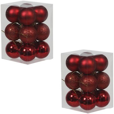 24x Rode kunststof kerstballen 6 cm glans/mat/glitter