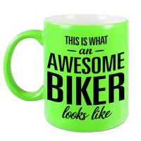 Awesome biker cadeau mok / beker neon groen 330 ml - thumbnail