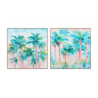 Schilderij Home ESPRIT Blauw Rood Groen Hemelsblauw Palmen Tropisch 80 x 3,5 x 80 cm (2 Stuks)
