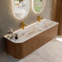 Mondiaz KURVE-DLUX 145 cm Onderkast Greeploos 1 Lade Met Deuren Walnut, Wastafel Solid Surface Rechts Glace 2 Kraangaten Zonder Spiegel (KRVLEA145L1L1D2KD-Wal/Gla)