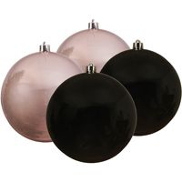 Kunststof kerstballen 4x stuks zwart en lichtroze 14 cm