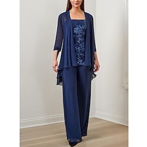 Broek 3-delig pak Moeder van de bruid jurk Formeel Bruiloft gast Elegant Vierkante hals Tot de grond Chiffon Pailletten 3/4 mouw met Pailletten Appliqués 2024 Lightinthebox