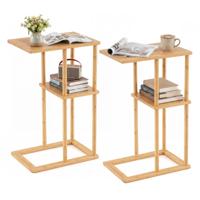 Set van Twee Bijzettafels Bestaande Uit een Plank en een Bamboe-omlijste Salontafel Compact Nachtkastje