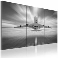 Schilderij - Vliegtuig in de richting van de wolken, 3 luik, Grijs/Wit, 3 maten, Premium print