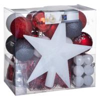 Kerstballen - 43x st - incl. ster piek - rood/wit/grijs - 3 tot 6 cm - kunststof - thumbnail