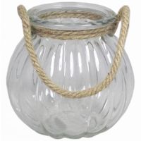 Glazen ronde windlicht 2 liter met touw hengsel/handvat 14,5 x 14,5 cm - thumbnail