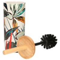 WC-/toiletborstel met houder rond wit met gekleurd tropisch blad patroon zandsteen/bamboe 38 cm   -